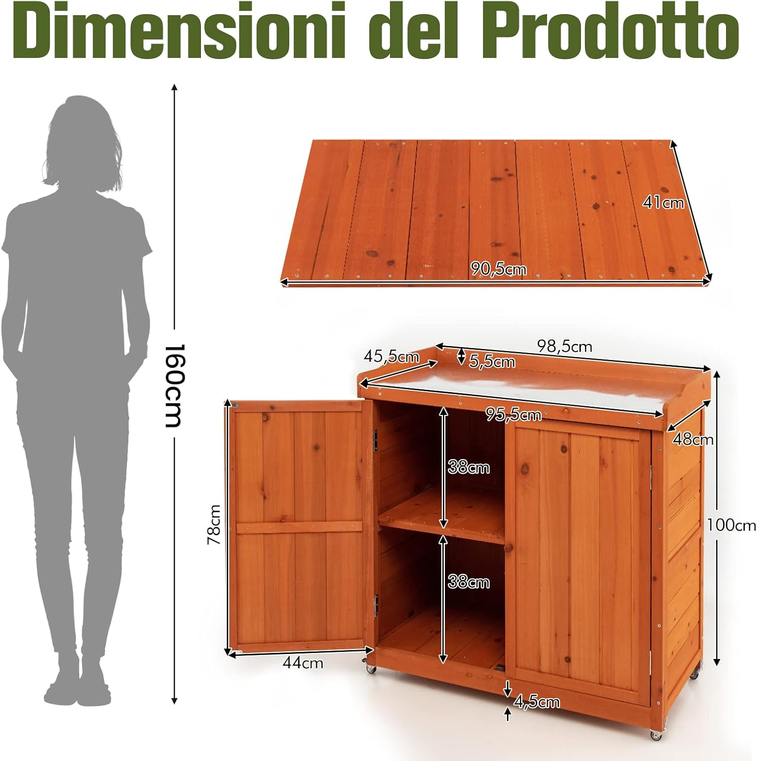 Armadio da Esterno in Legno, Casetta da Giardino con Ripiano Rimovibile e 4 Ruote Universali, Capanno Porta Attrezzi da Esterno e da Interno, 98,5 x 48 x 100 cm