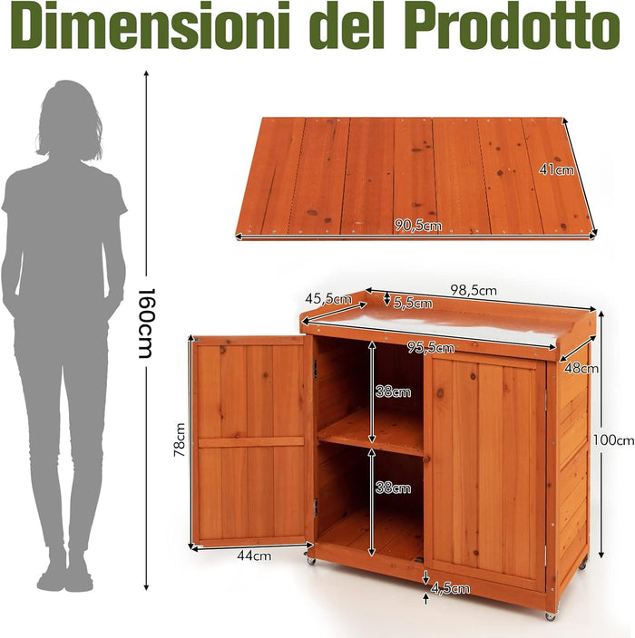 Armadio da Esterno in Legno, Casetta da Giardino con Ripiano Rimovibile e 4 Ruote Universali, Capanno Porta Attrezzi da Esterno e da Interno, 98,5 x 48 x 100 cm