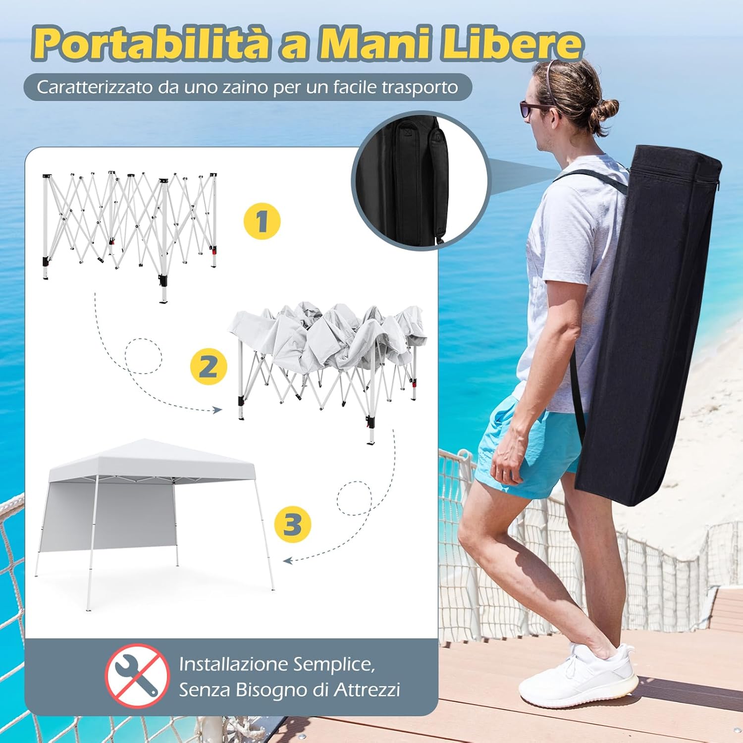 Gazebo Pop-up da Esterno 3 x 3 m, Gezebo Pieghevole con 1 Parete Laterale, Zaino Portatile e 4 Picchetti, Tendone Impermeabile e Resistente per Campeggio e Feste (Bianco)