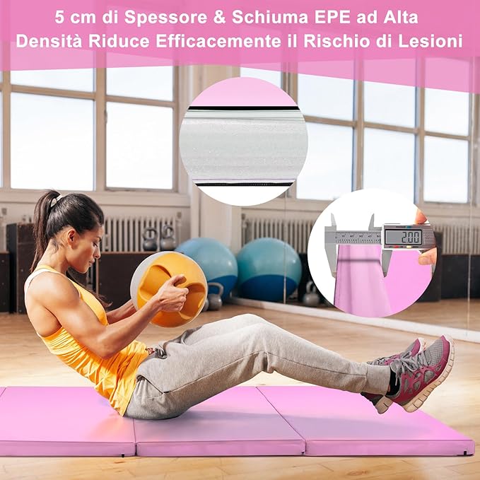 Tappetino da Ginnastica con Maniglia, Gancio, Chiusura a Cerniera e Copertura in Pelle PU Staccabile, Tappetino da Esercizio Pieghevole per Yoga, Stretching e Aerobica(Rosa monocroma)