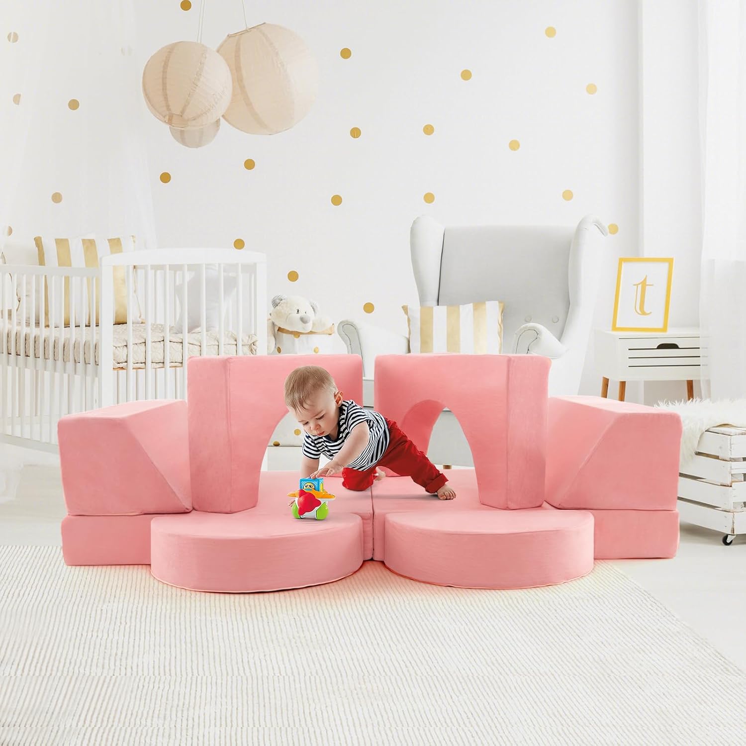 Divano Modulare per Bambini 8 Pezzi, Divanetto per Bambini con Copertura Staccabile per Sala Giochi e Camera da Letto, Divano Creativo per Bambini per Giocare, Creare e Dormire (Rosa)
