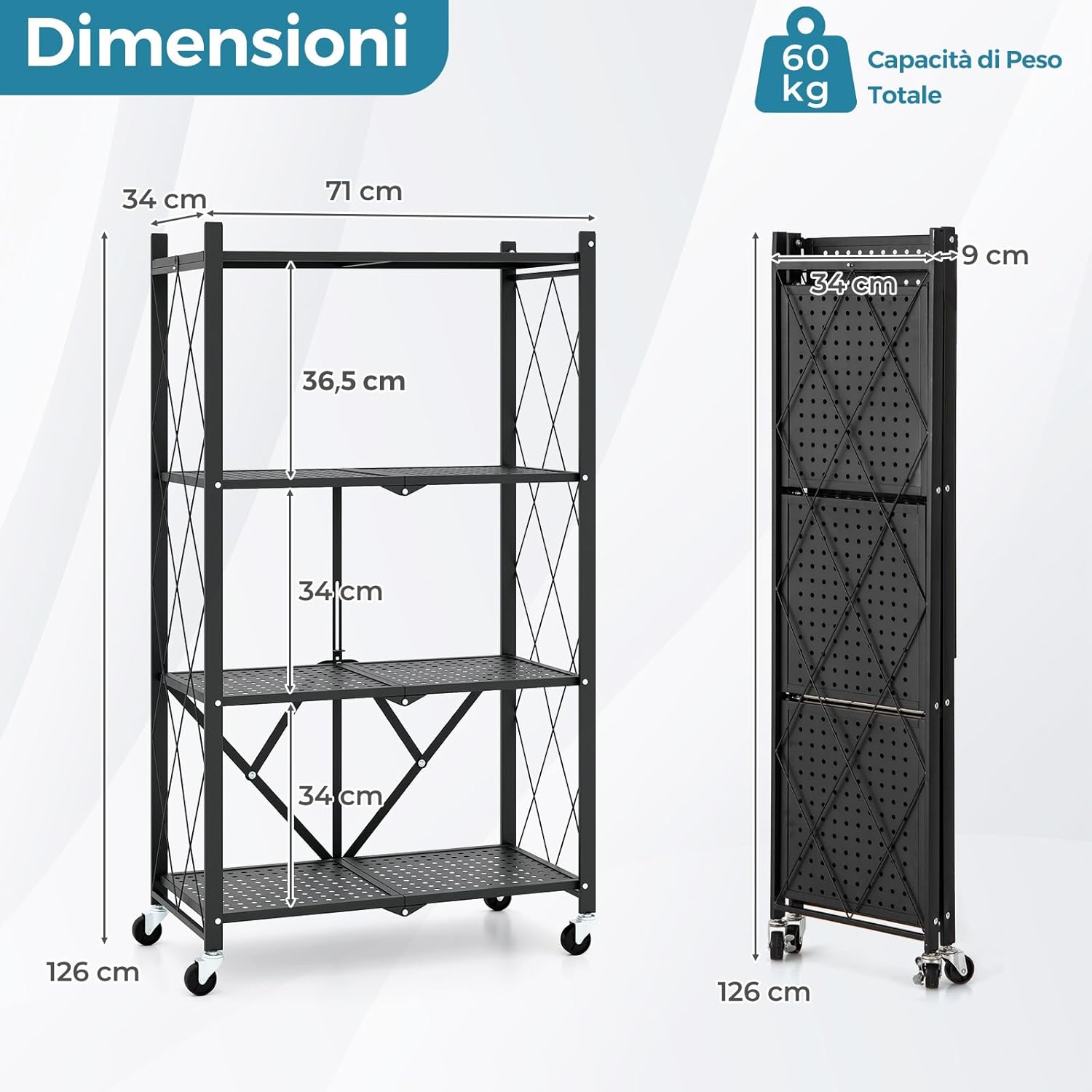 Scaffale di Stoccaggio Pieghevole a 4 Livelli, Carrello di Stoccaggio con Ruote Bloccabili, Unità di Ripiano in Metallo Robusta per Cucina Soggiorno Garage, 71x34x126 cm