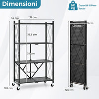 Scaffale di Stoccaggio Pieghevole a 4 Livelli, Carrello di Stoccaggio con Ruote Bloccabili, Unità di Ripiano in Metallo Robusta per Cucina Soggiorno Garage, 71x34x126 cm