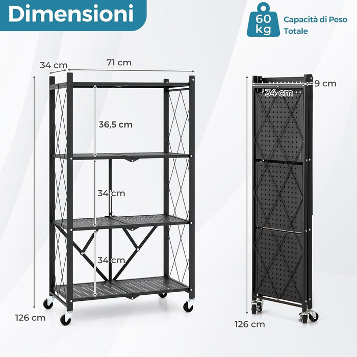 Scaffale di Stoccaggio Pieghevole a 4 Livelli, Carrello di Stoccaggio con Ruote Bloccabili, Unità di Ripiano in Metallo Robusta per Cucina Soggiorno Garage, 71x34x126 cm