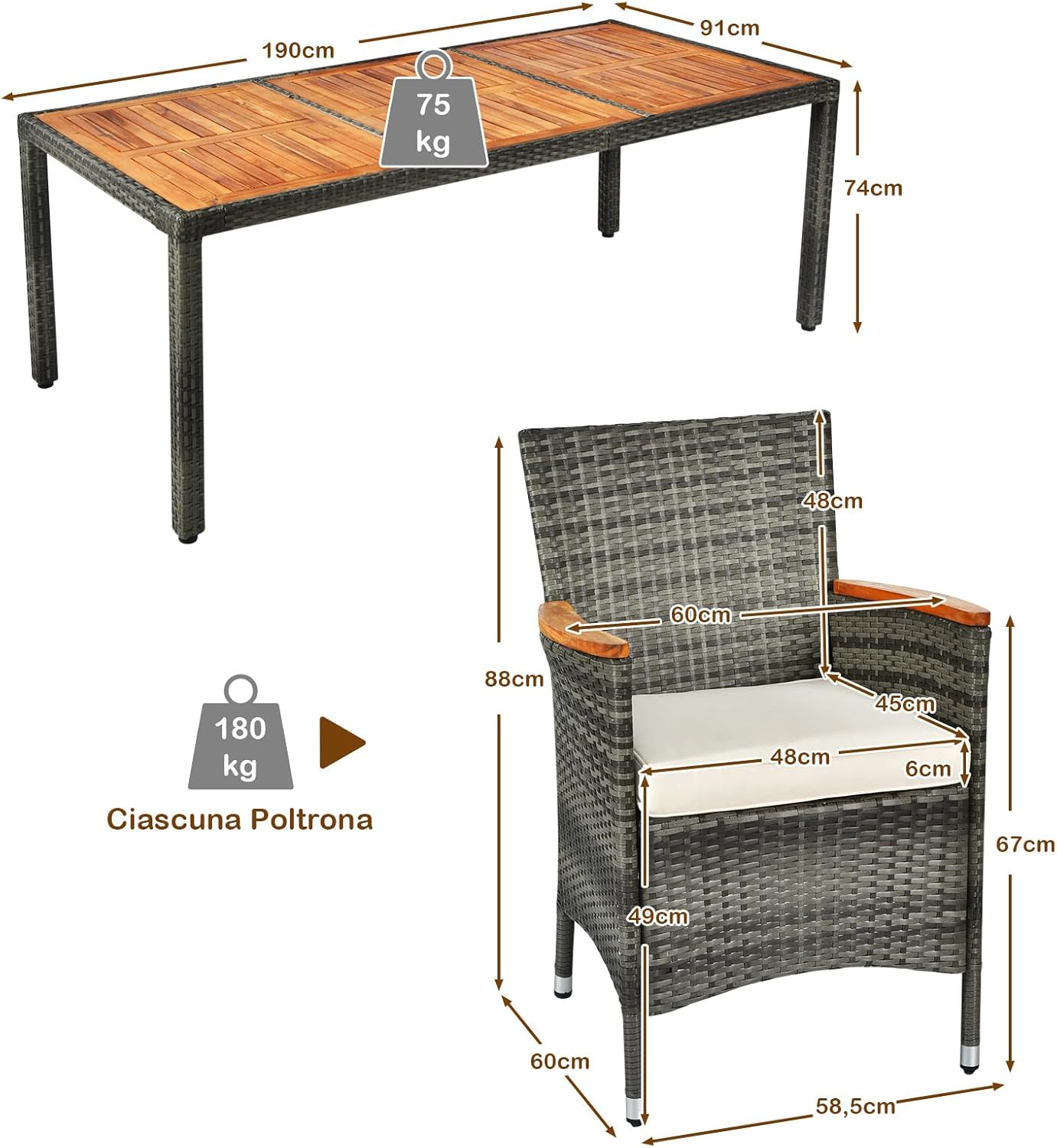 Set 9 Pezzi da Pranzo per giardino, Set di Mobili Esterno in Rattan PE, con 1 Tavolo Rettangolare e 8 Sedie con Cuscini, Ideale per Giardino Piscina e Cortile