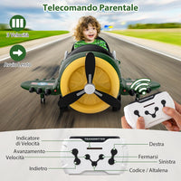 Macchina Elettrica a Forma di Aereo per Bambini, Aeroplano Elettrico Cavalcabile con Telecomando Alare Pieghevole e Elica Rotante, Cruscotto Illuminato, per Bambini 3 Anni+ (Verde)