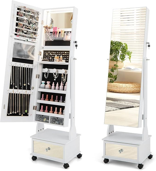 Armadio Portagioie da Terra con Ruote, Specchio Portagioie con Luci LED, Specchio Portagioie con Cassetto, Organizer per Gioielli e Accessori (Bianco, 42 x 35 x 159 cm, Con Cassetto)