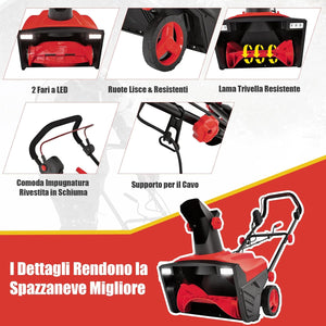 Spazzaneve Elettrico da Terra con Doppie Luci, Fresa da Neve con Scivolo Rotante a 180°, Distanza di Lancio 9 m, Macchina Sgombraneve per Giardino, Blu (Rosso)