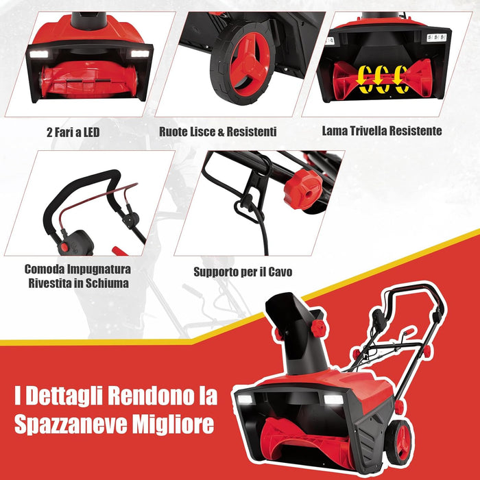Spazzaneve Elettrico da Terra con Doppie Luci, Fresa da Neve con Scivolo Rotante a 180°, Distanza di Lancio 9 m, Macchina Sgombraneve per Giardino, Blu (Rosso)