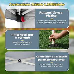Gazebo Pop-up da Esterno 3 x 3 m, Gezebo Pieghevole con 1 Parete Laterale, Zaino Portatile e 4 Picchetti, Tendone Impermeabile e Resistente per Campeggio e Feste (Grigio)