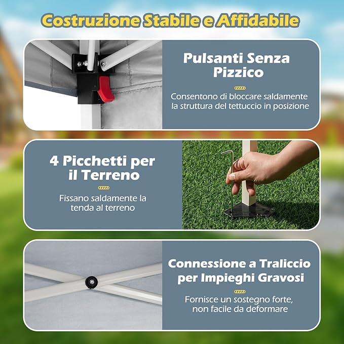Gazebo Pop-up da Esterno 3 x 3 m, Gezebo Pieghevole con 1 Parete Laterale, Zaino Portatile e 4 Picchetti, Tendone Impermeabile e Resistente per Campeggio e Feste (Grigio)