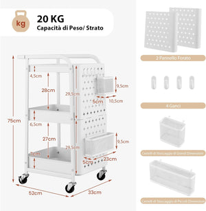 Carrello Multiuso a 3 Livelli, Carrello Organizzatore di Stoccaggio, con 2 Cestini e 4 Ganci, Ideale per Ufficio Cucina Garage, 52x33x75cm (Bianco)
