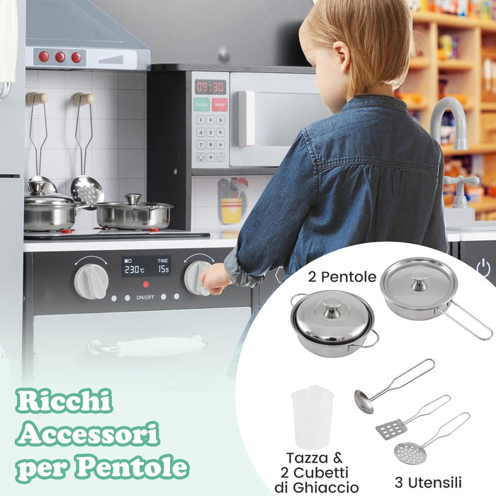 Cucina Giocattolo per Bambini, Cucina per Bambini con Frigorifero, Macchina del Ghiaccio, Lavatrice, Forno, Microonde, Lavello e Rubinetto, Con Luci e Suoni, per Bambini 3+ Anni (Marrone)