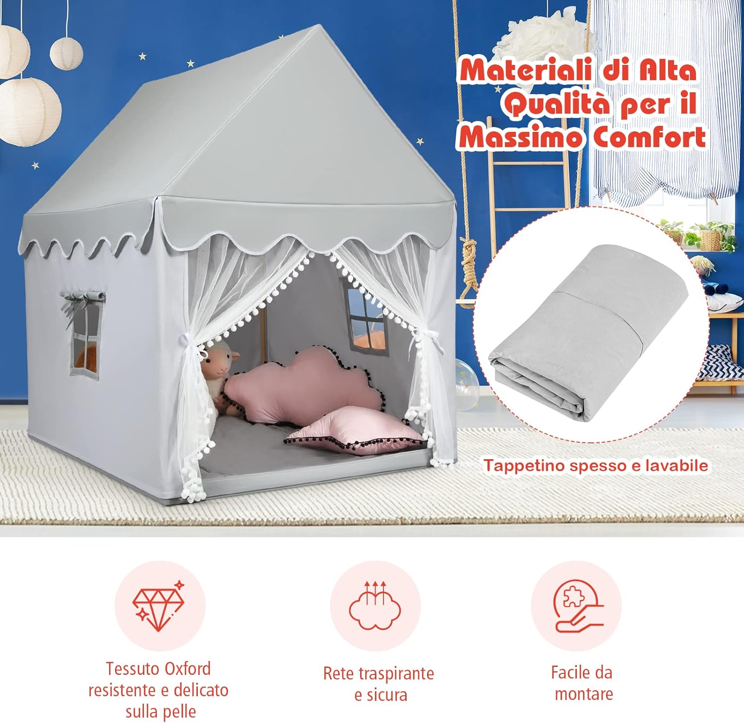 Tenda da Gioco per Bambini, Casetta per Bambini con Struttura in Solido Legno, Tappetino di Cotone, Tenda a Rete e Finestre, 105x120x140 cm (grigio)