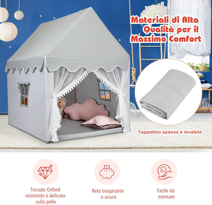 Tenda da Gioco per Bambini, Casetta per Bambini con Struttura in Solido Legno, Tappetino di Cotone, Tenda a Rete e Finestre, 105x120x140 cm (grigio)