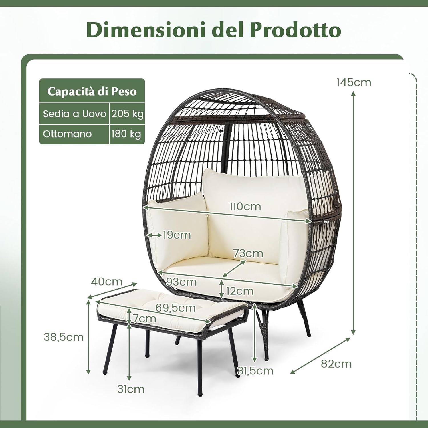 Sedia a Uovo con Poggiapiedi, Poltrona in Rattan con Struttura in Metallo e Cuscini Morbino, Portata 205 kg, Poltrona Relax per Soggiorno, Giardino, Patio e Terrazzo