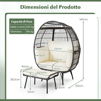 Sedia a Uovo con Poggiapiedi, Poltrona in Rattan con Struttura in Metallo e Cuscini Morbino, Portata 205 kg, Poltrona Relax per Soggiorno, Giardino, Patio e Terrazzo