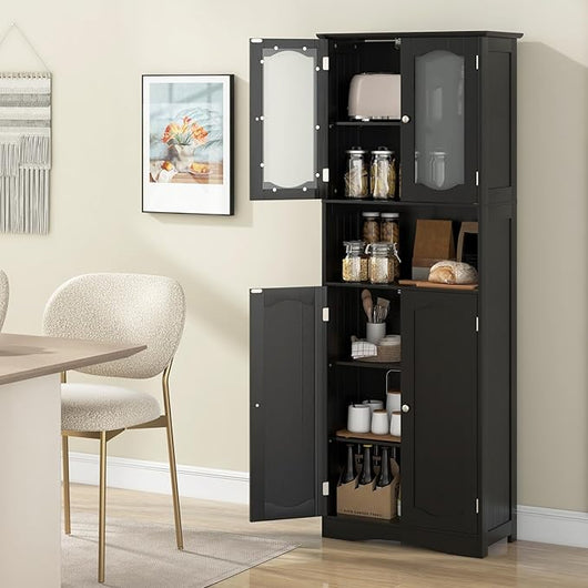 Armadietto Salvaspazio 60 x 30 x 164cm, Mobile Bagno con Scomparti Aperti, Ripiani Regolabili e 2 Porte in Vetro Temprato, Armadio da Bagno per Ufficio, Soggiorno e Camera da Letto (Nero)