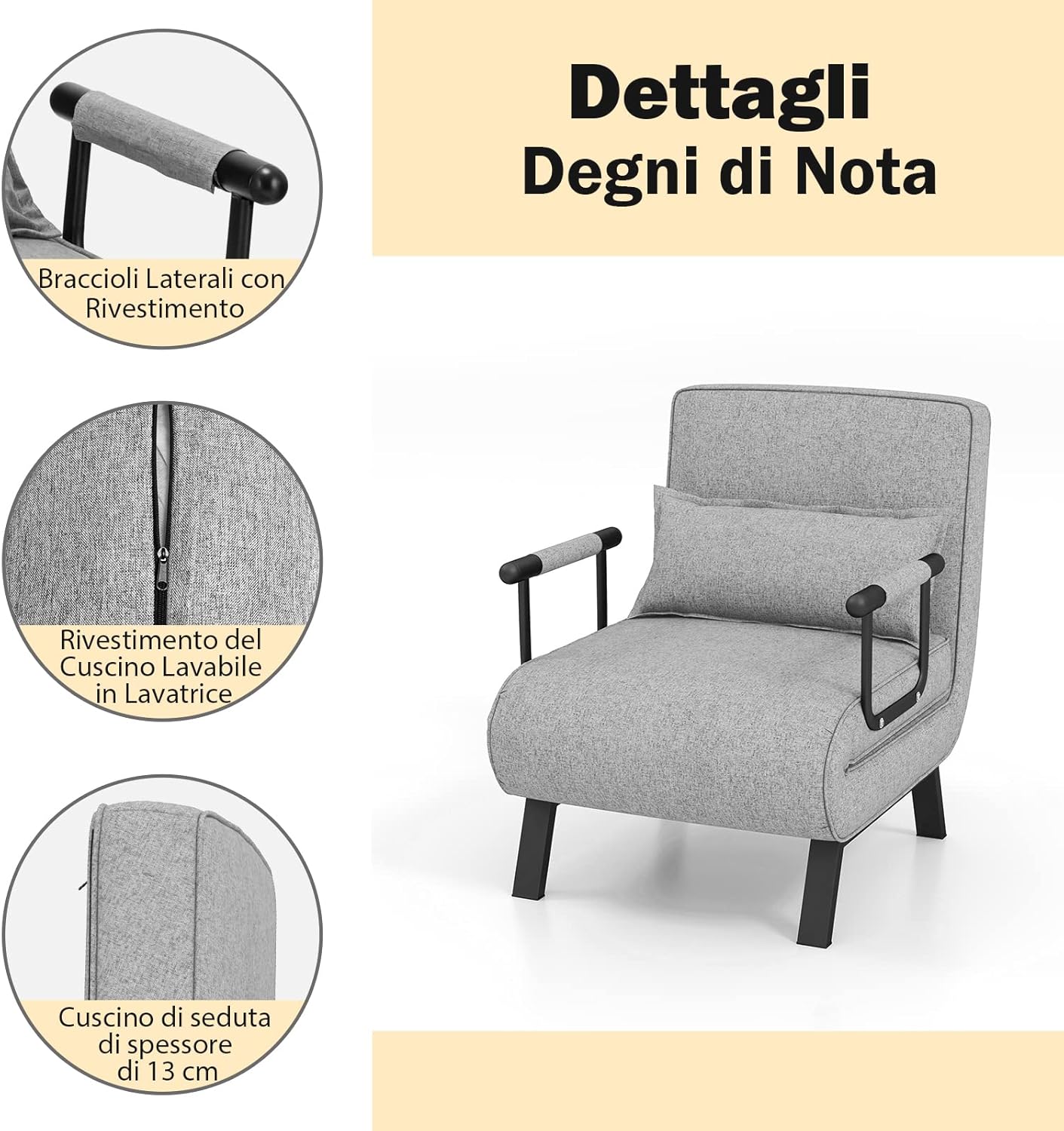 Poltrona Letto Singolo, Poltroncina Pieghevole con Schienale Regolabile 6 Posizioni, Cuscino Rimovibile e Sedile Imbottito Robusto, Divano Letto per Casa Ufficio, 79x65x79 cm (Grigio chiaro)