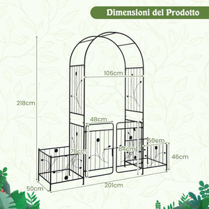 Arco da Giardino, Pergolato in Metallo con Cancello Bloccabile e Fioriere Laterali, Arco per Piante Rampicanti e Viti da Uva, Decorazione per Cerimonia Matrimoniali
