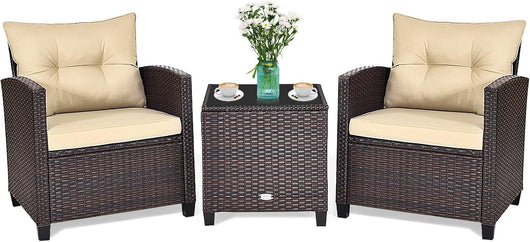 Set di Mobili da Giardino, in Rattan, 3 Pezzi Mobiletti, 1 Tavolino + 2 Poltrone, Salottino da Esterno, con Cuscini per Balcone, Giardino, Cortile, Terrazza, 3 Colori (Marrone)