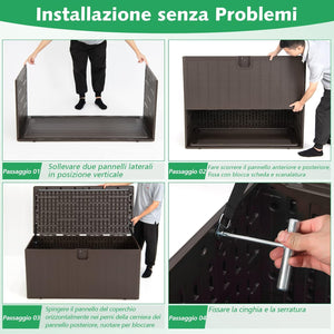 Baule da Giardino 400L, Panca Contenitore in Plastica con Coperchio e Maniglia, per Interni e Esterni, 127,5 x 64 x 64cm (Modello 2)