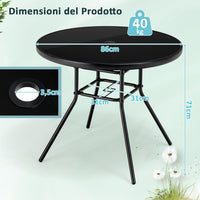 Tavolo Rotondo da Giardino con Buco per Ombrellone, Tavolo da Esterno in Vetro Temperato Struttura in Metallo, Tavolino per Balcone, Terrazza, Sala Pranzo e Soggiorno, 86 x 86 x 71 cm, Nero