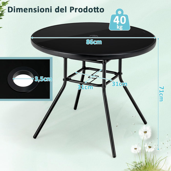 Tavolo Rotondo da Giardino con Buco per Ombrellone, Tavolo da Esterno in Vetro Temperato Struttura in Metallo, Tavolino per Balcone, Terrazza, Sala Pranzo e Soggiorno, 86 x 86 x 71 cm, Nero