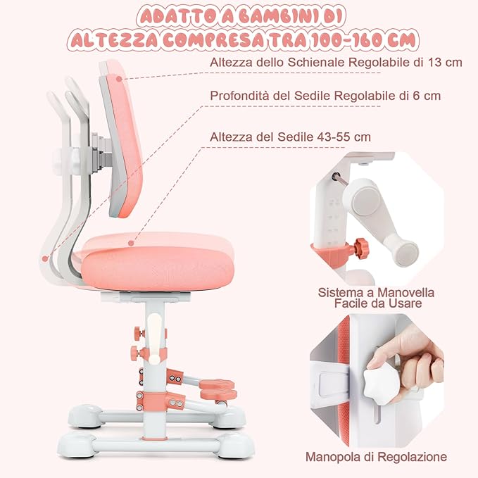Sedia da Studio per Bambini, Poltrona Ergonomica da Scrivania con Schienale Doppio Regolabile e Poggiapiedi, Sedia Regolabile in Altezza Senza Braccioli per Bambini 3+ Anni (Rosa)