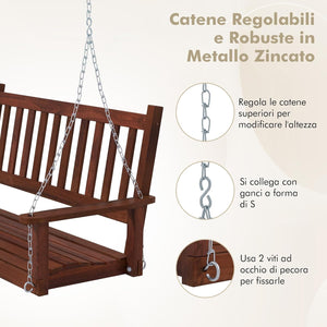 Altalena da Giardino in Legno per 3 Persone, Panchina Sospese in Legno con Capacità di Peso di 360 kg, Sedia a Dondolo per Giardino, Cortile (168 x 65 x 63 cm, Marrone)