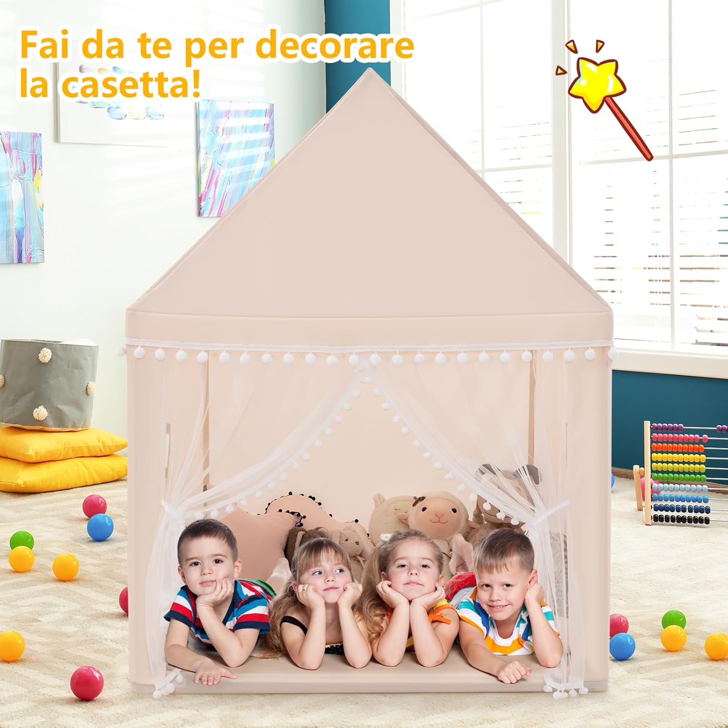 Tenda da Gioco Casetta per Bambini, Castello Giocattolo in Legno Cotone, con Struttura Stabile e Finestre Traspirabili, 105x120x140 cm (Beige)