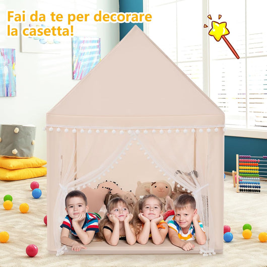 Tenda da Gioco Casetta per Bambini, Castello Giocattolo in Legno Cotone, con Struttura Stabile e Finestre Traspirabili, 105x120x140 cm (Beige)