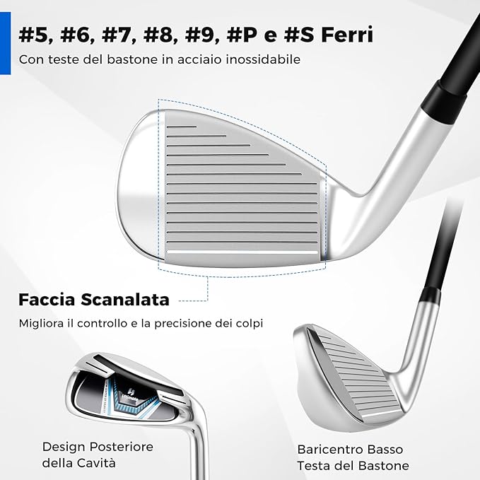 Set Completo di Mazze da Golf con Sacca a Treppiede, Include con Driver 1 da 460CC, Legno 3, Ibrido, Ferri 5, 6, 7, 8, 9, P, S, Putter e Copertura Antipioggia per Destrimani