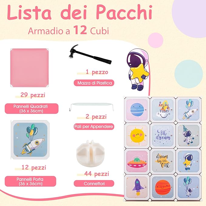 Portatile Guardaroba per Bambini, Armadio Guardaroba Modulare per Bambini con 2 Barre Appendiabiti, per Cameretta Camera da Letto, 107 x 36 x 142 cm (Rosa)