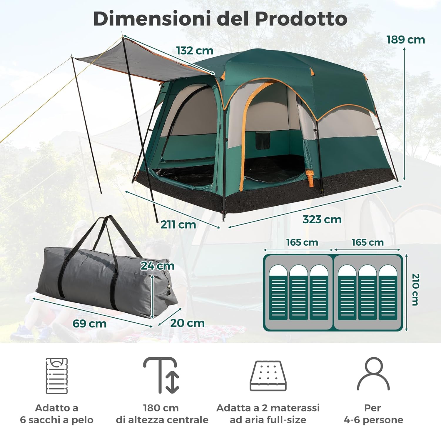 Tenda da Campeggio con Divisorio, Tenda a Doppio Strato con Telo Antipioggia, Telo in PE, Finestre a Rete, Impermeabile e Antivento, con Borsa