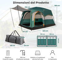 Tenda da Campeggio con Divisorio, Tenda a Doppio Strato con Telo Antipioggia, Telo in PE, Finestre a Rete, Impermeabile e Antivento, con Borsa