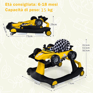 Girello per Bambini 4 in 1, Girello Pieghevole con Altezza e Velocità Regolabili, Carillon con Luci, Volante, Primi Passi per Bambini 6-18 Mesi, Portata 15 kg (Giallo)