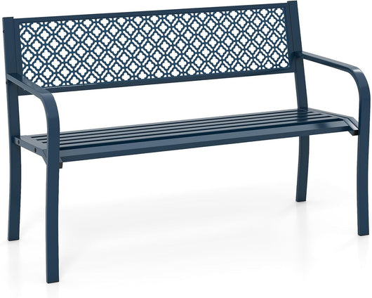 Panchina da Esterno 2-3 Posti, Panca in Metallo con Schienale Motivo Geometrico, Braccioli e Seduta a Doghe, Sedia Moderna per Parco, Cortile e Giardino (Blu, 127 x 59 x 82 cm)