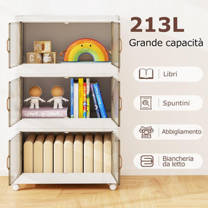 Contenitori da Stoccaggio Pieghevoli con Coperchio da 213/284 L, Scatole Impilabili a 3/4 Piani con Ruote, Organizzatore Pieghevole con Porte per Camera da Letto Soggiorno (65 x 39 x 109 cm)