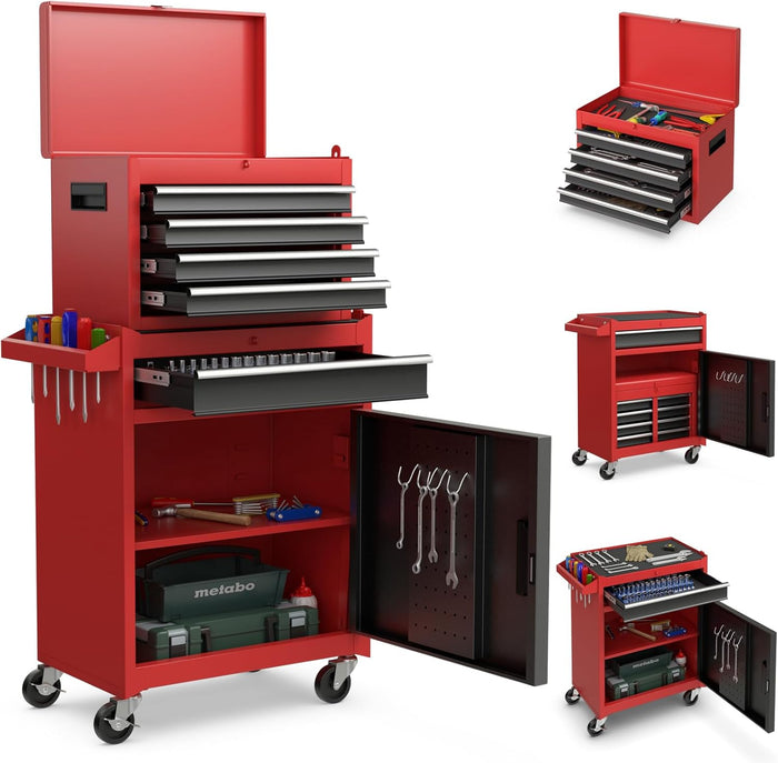 Cassettiera Portautensili a 4 Cassetti, Carrello per Attrezzi con Ruote Bloccabili Ripiano Regolabile e Rivestimento Antiscivolo, 59 x 28 x 102 cm (Nero + Rosso)