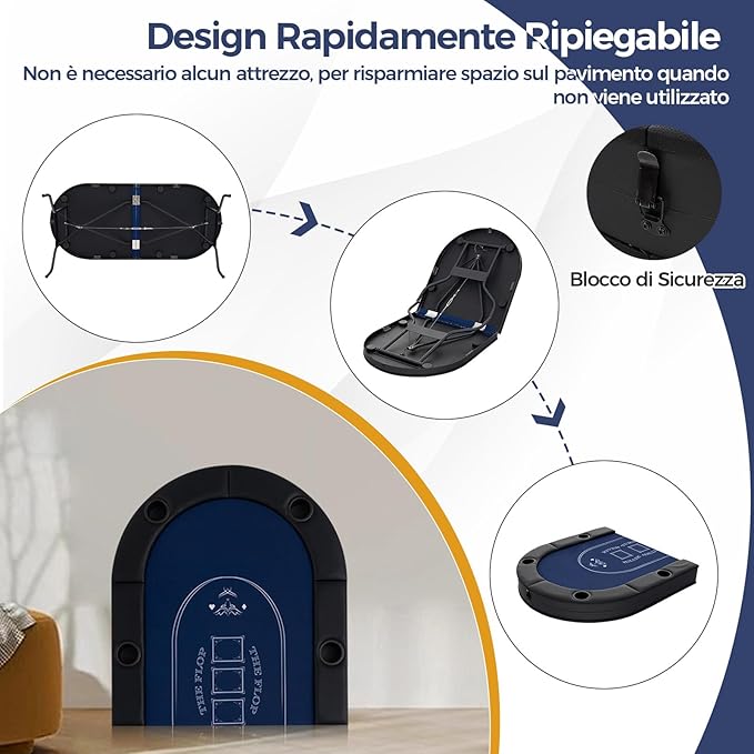 Tavolo da Poker Pieghevole 182 cm per 8 Giocatori, Tavolo da Gioco Ovalo con Supporti per Bicchieri, Rivestimenti Imbottiti, per Blackjack, Texas Hold’em, Giochi da Casinò (Blu)