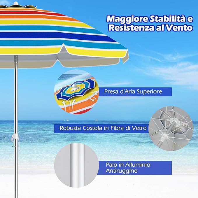 Ombrellone da Spiaggia 198 cm, Ombrello Parasole da Esterno con Palo Inclinabile in Alluminio, Ombrellone Portatile con Borsa di Trasporto, Anti UV 50+, 8 Stecche (Colorato)