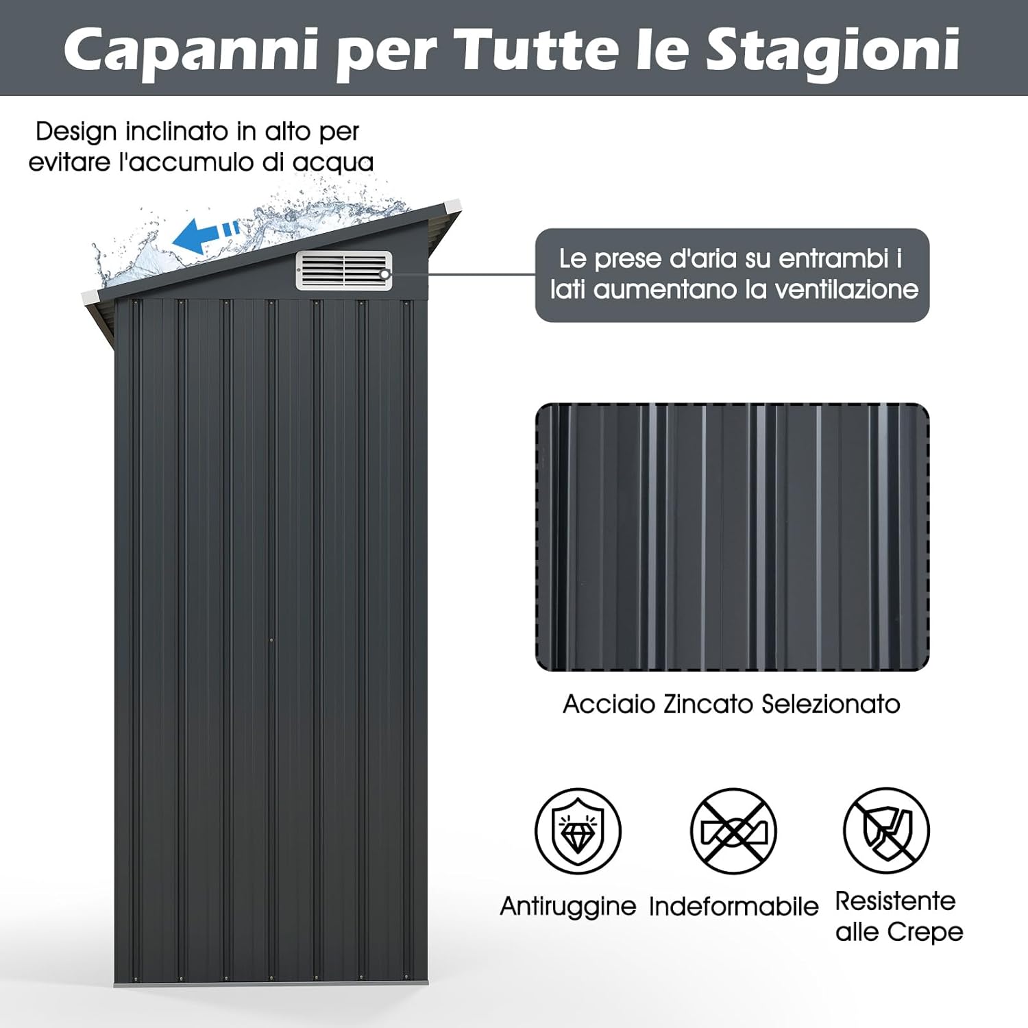 Casetta da Giardino, Capanno da Esterno con Design a Tetto Inclinato, Venti d'Aria, Struttura in Metallo Zincato, Armadio da Giardino, Cortile, Prato e Patio (Grigio Scuro)