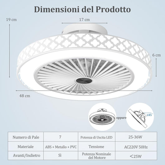 Ventilatore da Soffitto 48 cm con Luce e Telecomando, Lampadario con Ventilatore con LED Dimmerabile, 6 Velocità del Vento e Timer, Plafoniera con Ventilatore per Soggiorno, 48 x 48 x 19 cm [Classe di efficienza energetica F]