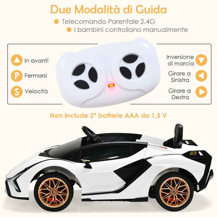 Macchina Elettrica Lamborghini per Bambini da 12V, Veicolo Elettrico con Luci LED MP3 Telecomando, Fino a 5km/h, +3 Anni (Bianco)