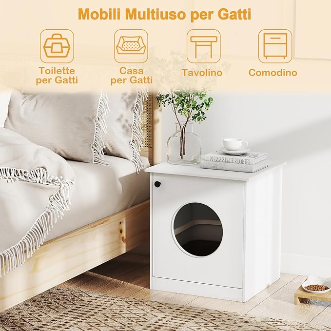 Lettiera per Gatti 51 x 47 x 57 cm, Toilette Nascosta per Gatti con Anta, Armadietto per Soggiorno e Camera da Letto, Bianco