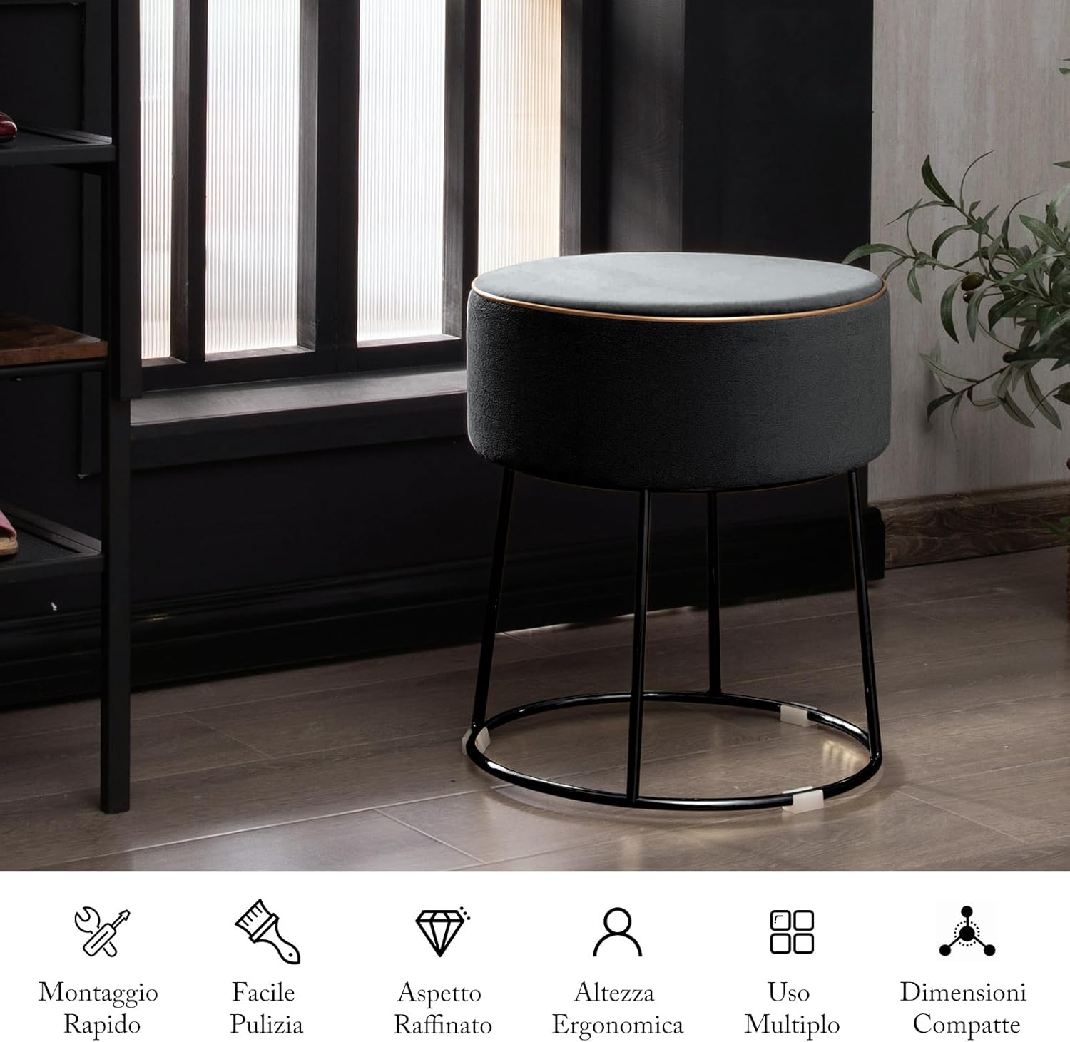 Pouf Rotondo Poggiapiedi 41cm, Sgabello Moderno da Trucco con Base in Metallo, Sedile Imbottito Spesso e Piedini Antiscivolo per Toeletta, Comodino e Divano (Grigio)