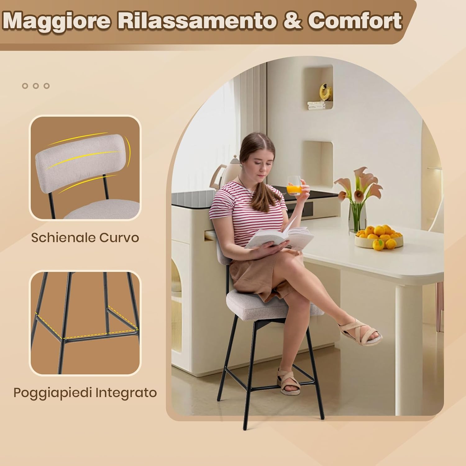 Set di 2 Sgabelli da Bar Girevoli a 360¡ã, Sgabelli da Cucina con Schienale, Poggiapiedi, Sedia Alta Moderna Imbottita Struttura in Metallo, Altezza 90,5 cm, Capacit¨¤ di 150 kg (Beige)