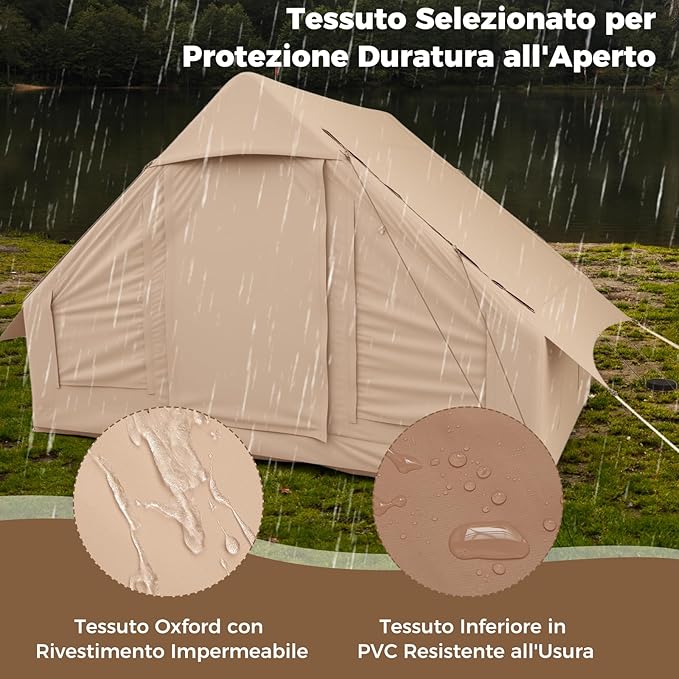 Tenda da Campeggio Gonfiabile, Tenda da Campeggio in Tessuto Oxford per 4-6 Persone con Pompa, Finestre a Rete, Porte e Borsa da Trasporto, 300 x 210 x 197 cm