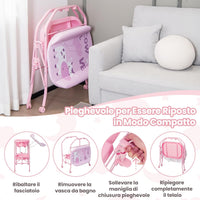 Fasciatoio con Vaschetta per Bambini, Vasca da Bagno per Neonati, Fasciatoio Pieghevole con Materassino, Cestino Portaoggetti, Ruote con Freno, Portata 35kg+15kg (Rosa)